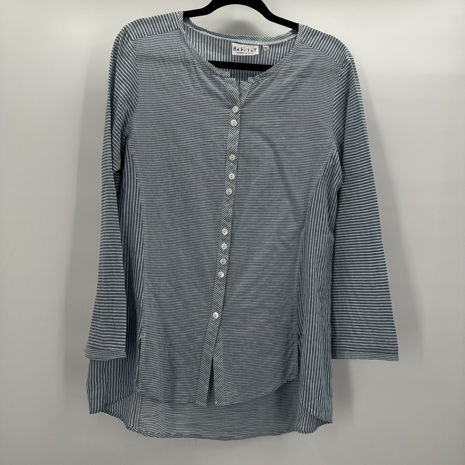 Habitat Shirt Top Womens Small Blue Button Front Stripe Boxy Breathable Coastal